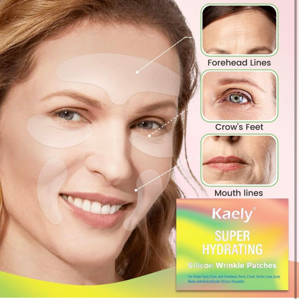 Kaely Super Hydrating Reusable Silicon Wrinkle Patches - Reduce Wrinkles on Face, Neck, Chest Instantly