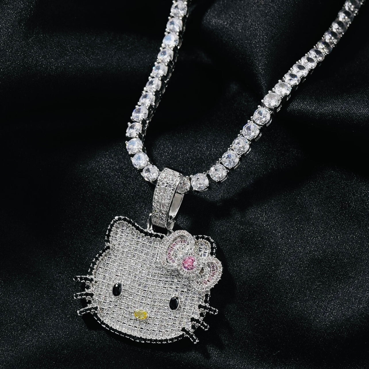 Kawaii “Hello Kitty” Blinged Out Sapphire Rubies Chrystal Cat Pendant w/Chain | Hypoallergenic Unisex Statement Piece