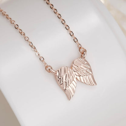 Angel Wing Pendant Necklace, Hug From Heaven In 14K Rose Gold, Silver or 10k Vermeil Gold