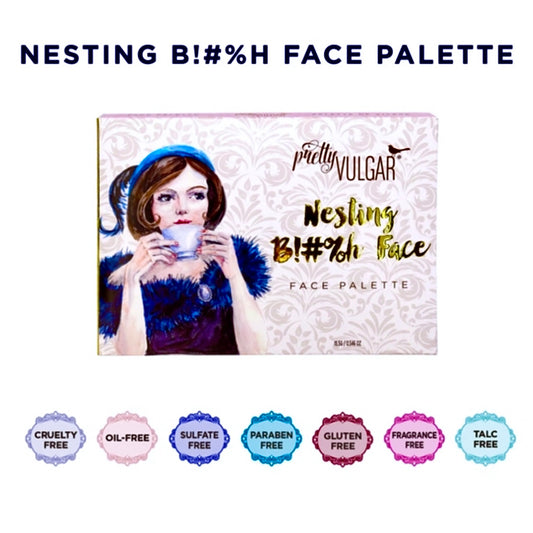 Pretty Vulgar Nesting B*tch Face Palette is a limited edition palette that is no longer in production or being manufactured. This limited edition high pigment Face palette offers 6 rare blush and bronzer shades that fits all skin types and tones. It’s made up of all natural cutlery free vegan ingredients you can feel good about using and this palette is great for all skin type including the most sensitive problematic skin. This palette is only available at Facetreasures.com or LadiesNGentz.com