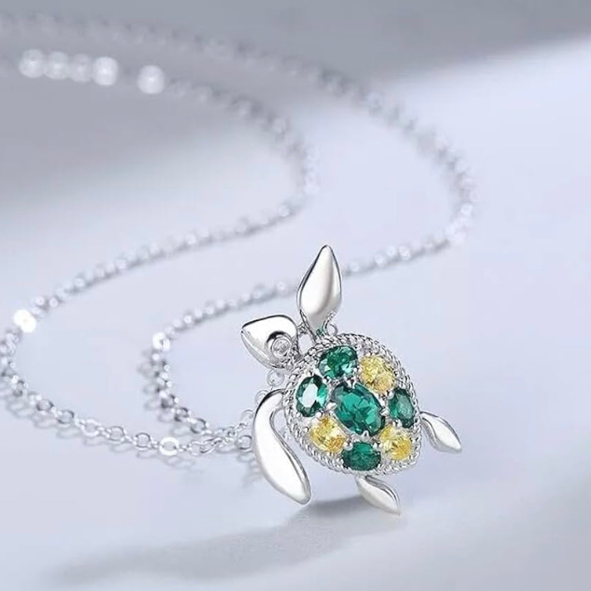 Exquisite Emerald Green Flawless Crystal & Sapphire Gemstone Silver Sea Turtle Pendant, Choice of Style