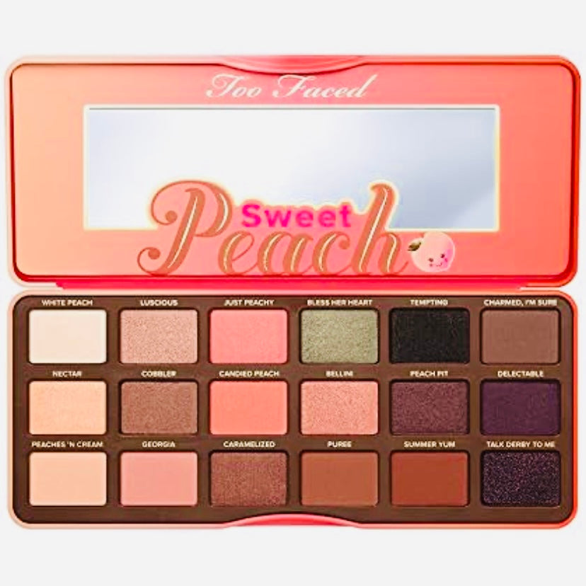 Too Faced Sweet Peach Eyeshadow Palette incorporates 18 high pigmented colors that last without reapplication for 18hours & this palette Smells Like real Peaches,perfect for spring time Full size