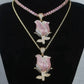 Beautiful Blinged Out Rose Gold, Tri-Color Silver Cubic Zirconia & Sapphire Rose Pendant w/ Free Chain, Hiphop Jewelry