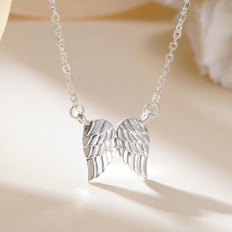 Angel Wing Pendant Necklace, Hug From Heaven In 14K Rose Gold, Silver or 10k Vermeil Gold