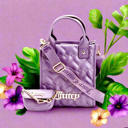 Juicy Couture 3 Piece Purple Heart Stitched Tote Cross Body Bag w/Coin Purse + Adjustable Strap