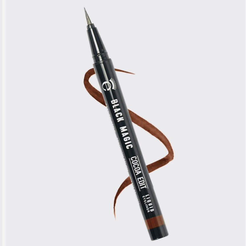 Eyeko London Black Magic: Cocoa Edit Liquid Eyeliner in the color “Brown” is a warm brown liquid eyeliner felt tip pen that can be worn on the waterline or smoked out into the lash line. It can also be used as an eyeshadow base. This eyeliner is waterproof, has a deep high pigment color payoff that will last as long as you need it too. This Liquid Eyeliner has a precision brush tip inspired by traditional Japanese calligraphy and gives you the most precise perfect lines with ease.