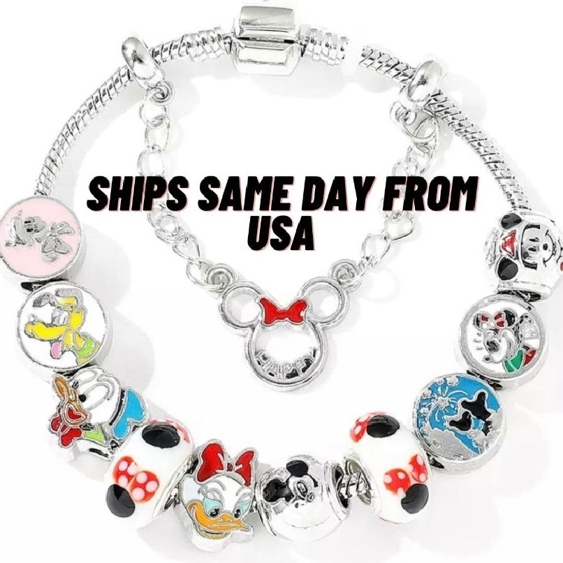 Silver Adjustable Disney Charm Bracelet – Mickey, Minnie, Goofy | 925 Silver