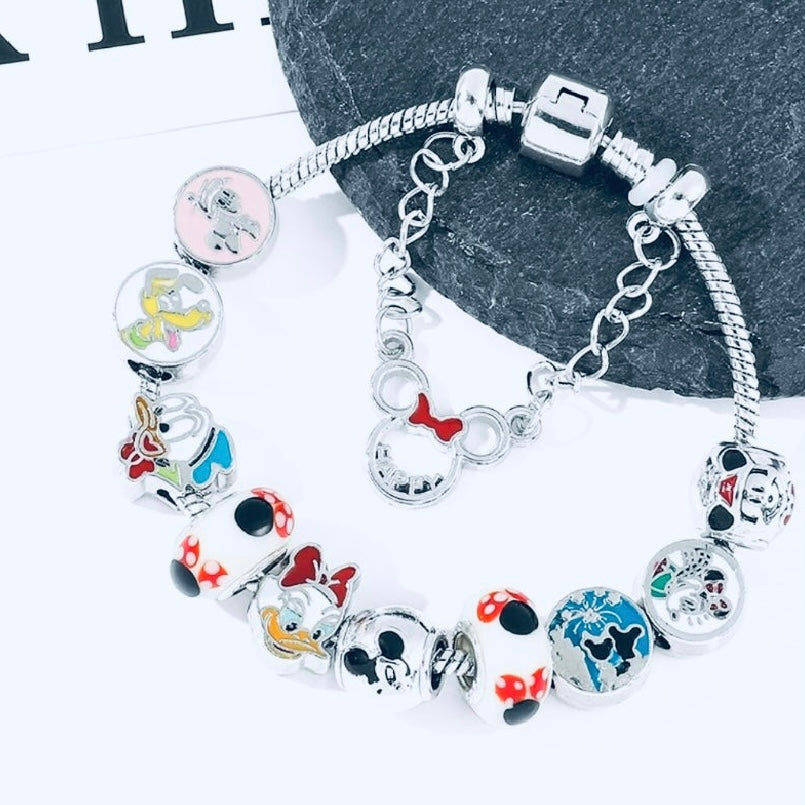 Silver Adjustable Disney Charm Bracelet – Mickey, Minnie, Goofy | 925 Silver