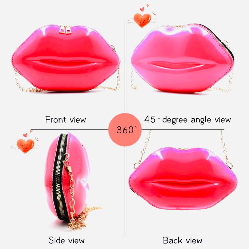 Hot pink lip handbag with gold shoulder chain in a 4 way picture showing all sides of the handbag and all its details from the front display, side display, back of bag display and a 45 degree angle display.