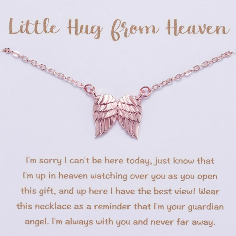 Angel Wing Pendant Necklace, Hug From Heaven In 14K Rose Gold, Silver or 10k Vermeil Gold