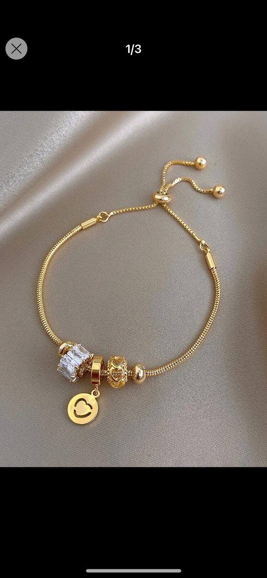 Elegant 14K Vermeil Gold Adjustable Bracelet with Heart and CZ Crystal Charms