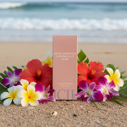 K-beauty skincare on beach surrounded by flowers 