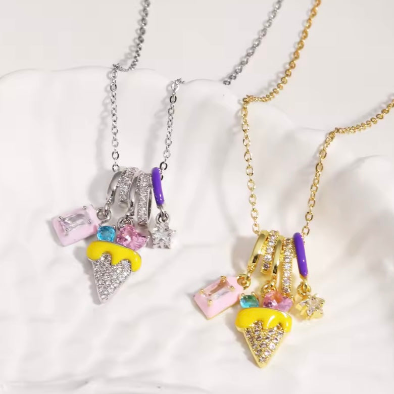 Whimsical Ice Cream Charm Necklace – Gold & Silver Chains with Colorful Rhinestone Pendants