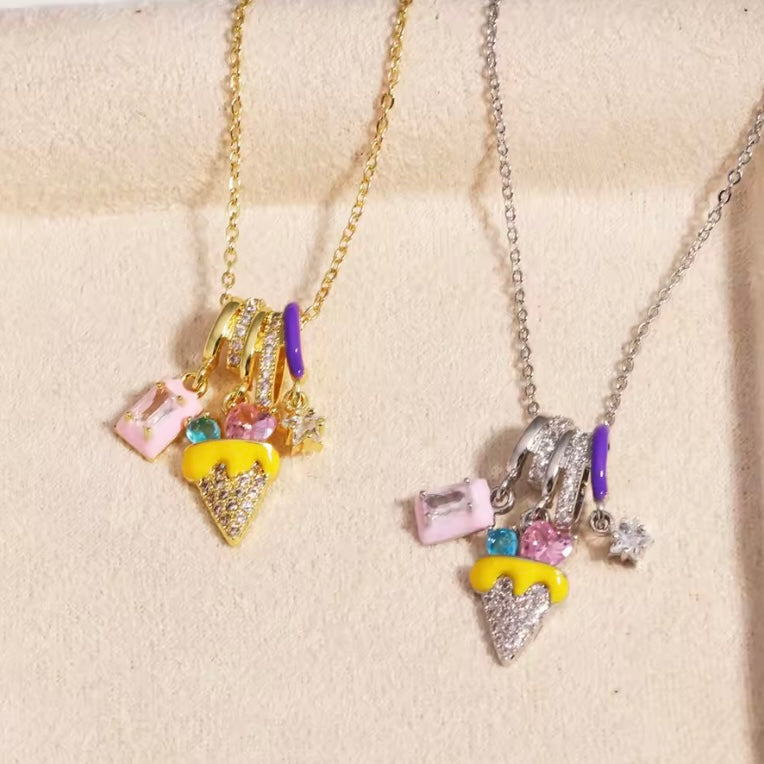 Whimsical Ice Cream Charm Necklace – Gold & Silver Chains with Colorful Rhinestone Pendants