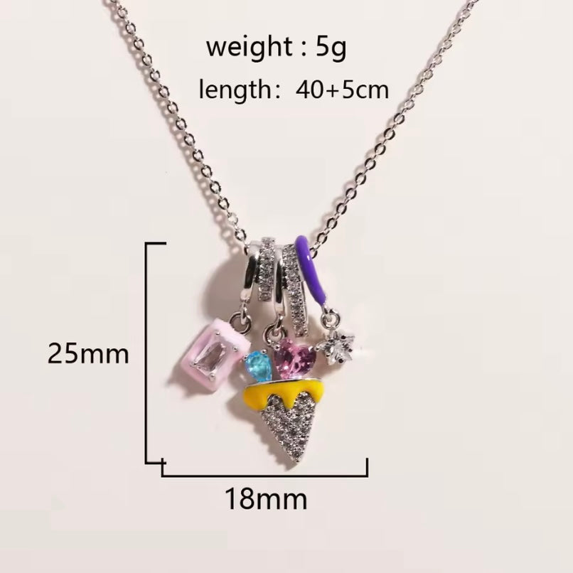 Whimsical Ice Cream Charm Necklace – Gold & Silver Chains with Colorful Rhinestone Pendants