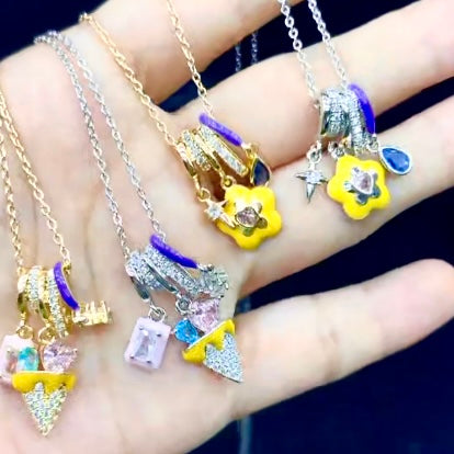Whimsical Ice Cream Charm Necklace – Gold & Silver Chains with Colorful Rhinestone Pendants
