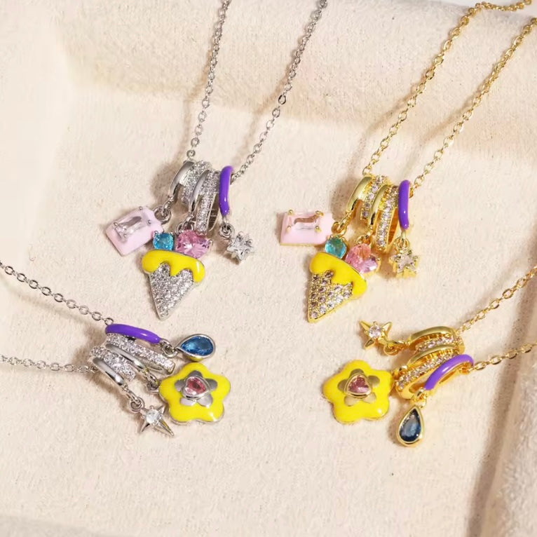 Whimsical Ice Cream Charm Necklace – Gold & Silver Chains with Colorful Rhinestone Pendants