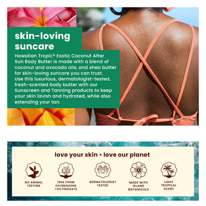 Photo shows the Hawaiian Tropics skin loving ingredient's and proof that this item is vegan, no animal testing, made with island botanicals, dermatologist tested, naturally scented