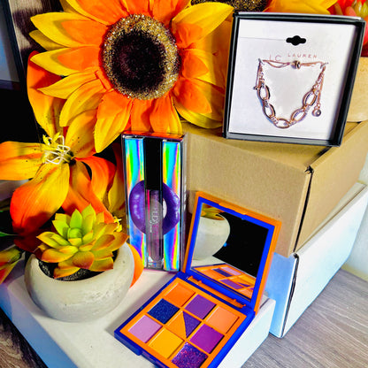 Mothers Day 2023 Designer Beauty Inly From Huda Beauty Cosmetics And Premium Jewelry Rose Gold Diamond cut cubic zirconia encrusted adjustable link bracelet, total amount if items curated in this premium gift bundle is 3 full suze items, one huda lipstick, one huda color block obsession eyeshadow palette in orange and purple and one elegant bracelet by lauran conrad, comes giftable from us to you only available to order from Facetreasures.com