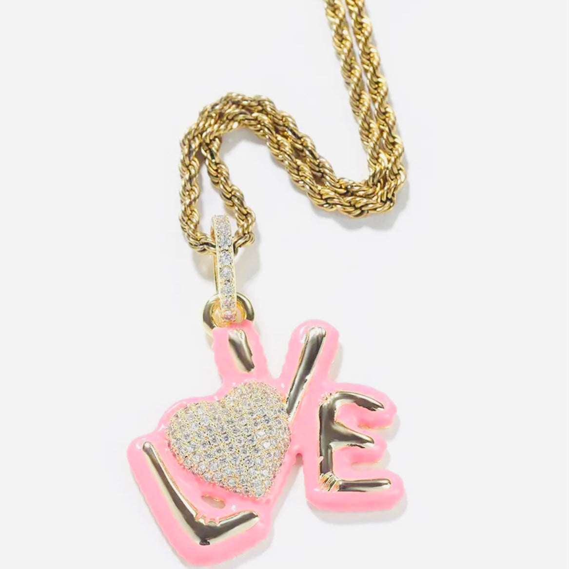 love pendant in the color pink, blue, silver or silver chrome with a matching diamond chain or silver or gold rope chain available only at Facetreasures.com
