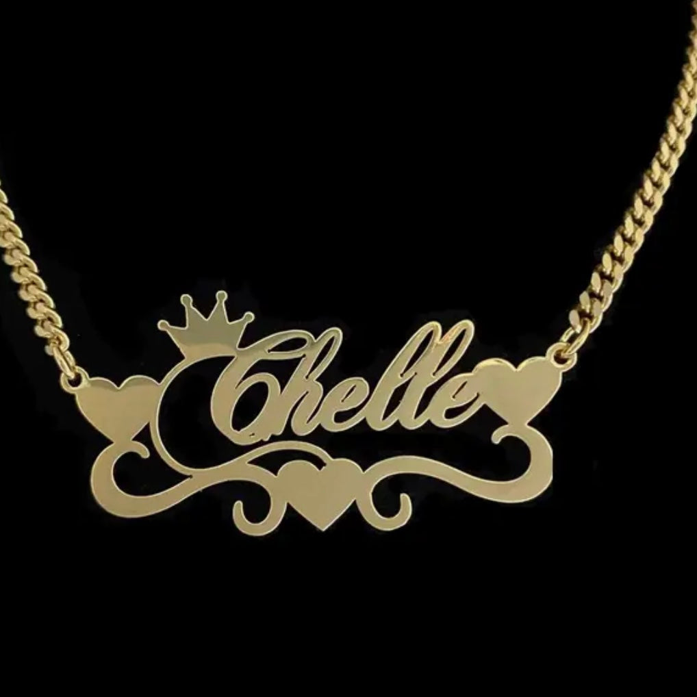 The “Queen Of Hearts” Custom 18k Gold Medical Grade Stainless Steel Name Plate w/Matching Cuban Link Chain