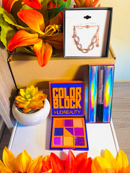 Mothers Day 2023 Designer Beauty Inly From Huda Beauty Cosmetics And Premium Jewelry Rose Gold Diamond cut cubic zirconia encrusted adjustable link bracelet, total amount if items curated in this premium gift bundle is 3 full suze items, one huda lipstick, one huda color block obsession eyeshadow palette in orange and purple and one elegant bracelet by lauran conrad, comes giftable from us to you only available to order from Facetreasures.com