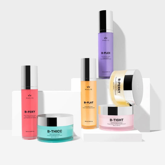 THIS BUNDLE SET INCLUDES FOUR (4) OF THE FOLLOWING ITEMS:  1. One B-Flex Lift & Firm Arm Cream / size (0.24 fl oz or 7 ml foil packet)  2. One B-Flat Firming Belly Cream pump bottle / size (0.33 fl oz or 10 ml)  3.One B-Tight Lift & Firm Booty Mask jar / size (0.5 fl oz or 15 ml)  4. One Rubberized pink-peachy travel Pouch with handle to hold all your favorites while on the go!