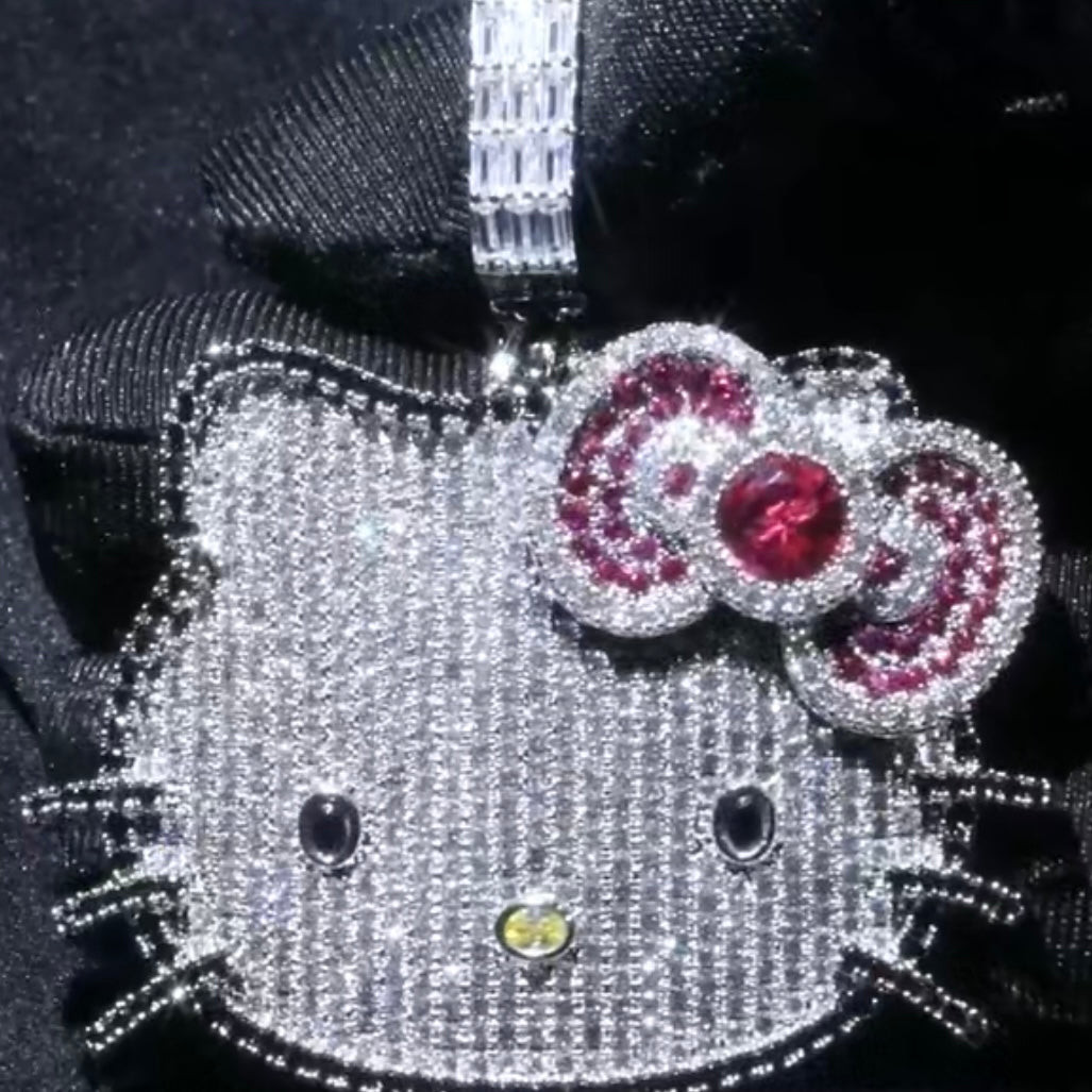 Kawaii “Hello Kitty” Blinged Out Sapphire Rubies Chrystal Cat Pendant w/Chain | Hypoallergenic Unisex Statement Piece