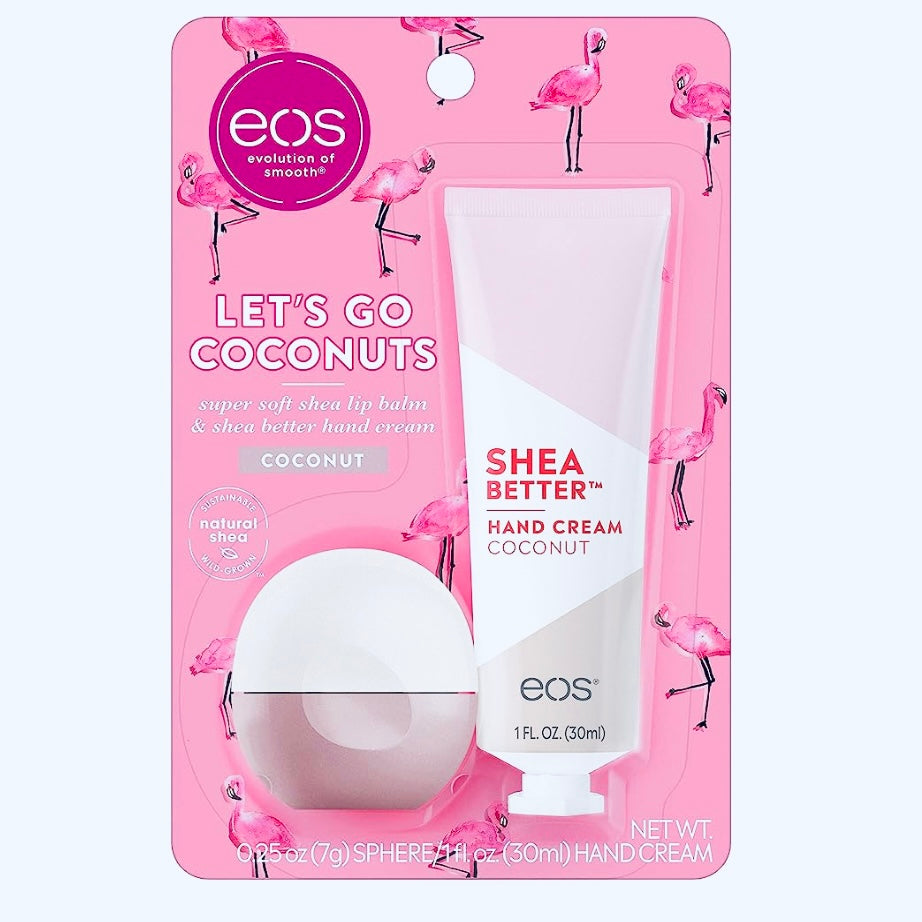 EOS "Lets Go Coconuts" Shea Better Hand Cream & Lip Balm Limited Edition Gift Set excellent cream for your hands and excellent lip balm to heal your dry cracked lips. makes an excellent gift for any age, gender or event. Only available at Facetreasures Boutique