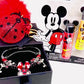 2024 Disney & Friends Vintage Mickey Mouse Silver Charm Bracelet Bundle Includes a matching Duo Disney Chapstick Bundle In The Flavor Bubble Gum & Cherry & One Red and Black sequence Lady Bug Sparkly Gold Keychain With fur Ball Attachment.￼