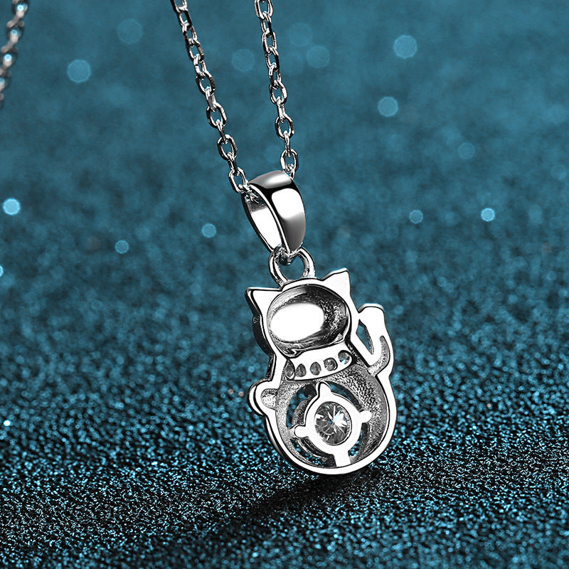 Elegant S925 Sterling Silver AAA 1ctw. Cubic Zirconia Mojssanite Gemstone Lucky Cat Pendant And 17 Inch Silver Link Necklace