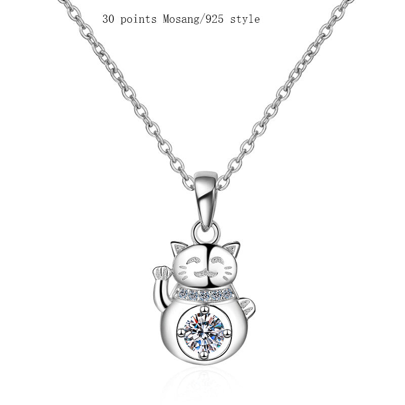 Elegant S925 Sterling Silver AAA 1ctw. Cubic Zirconia Mojssanite Gemstone Lucky Cat Pendant And 17 Inch Silver Link Necklace