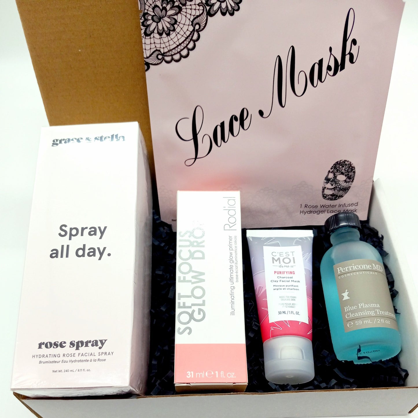 Our October Monthly Box Featuring the grace & stella spray all day rose facial spray along with 4 additional no related products
