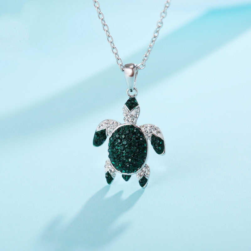 Green Emerald And Sapphire Silver Sea Turtle 925 Silver Pendant With A 20 Inch 925 Silver Water Wave Diamond Cut Chain.