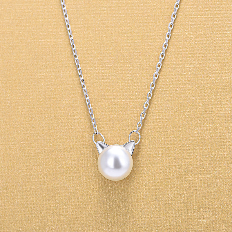 Sweet And Lovely Pearl Cat Ears Plated Platinum Short Necklace Temperament Kitten Clavicle Chain