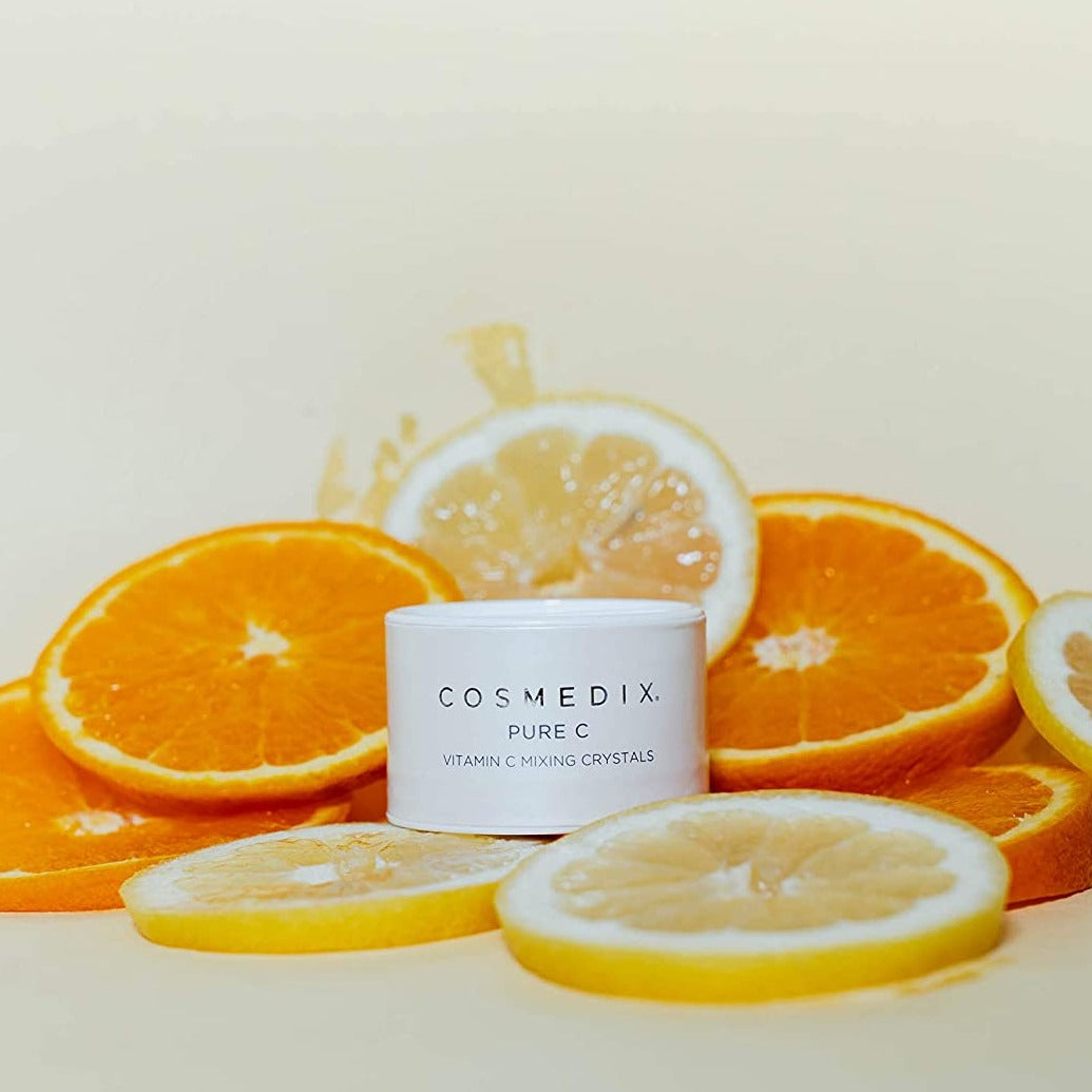 Cosmedix Pure C shown in picture is made for all skin types and is made of L-ascorbic acid, or vitamin C, helps maintain the skin's flexibility and improve elasticity. Pure C helps to neutralize free radicals, reduce the appearance of lines and wrinkles and improve skin texture and tone
