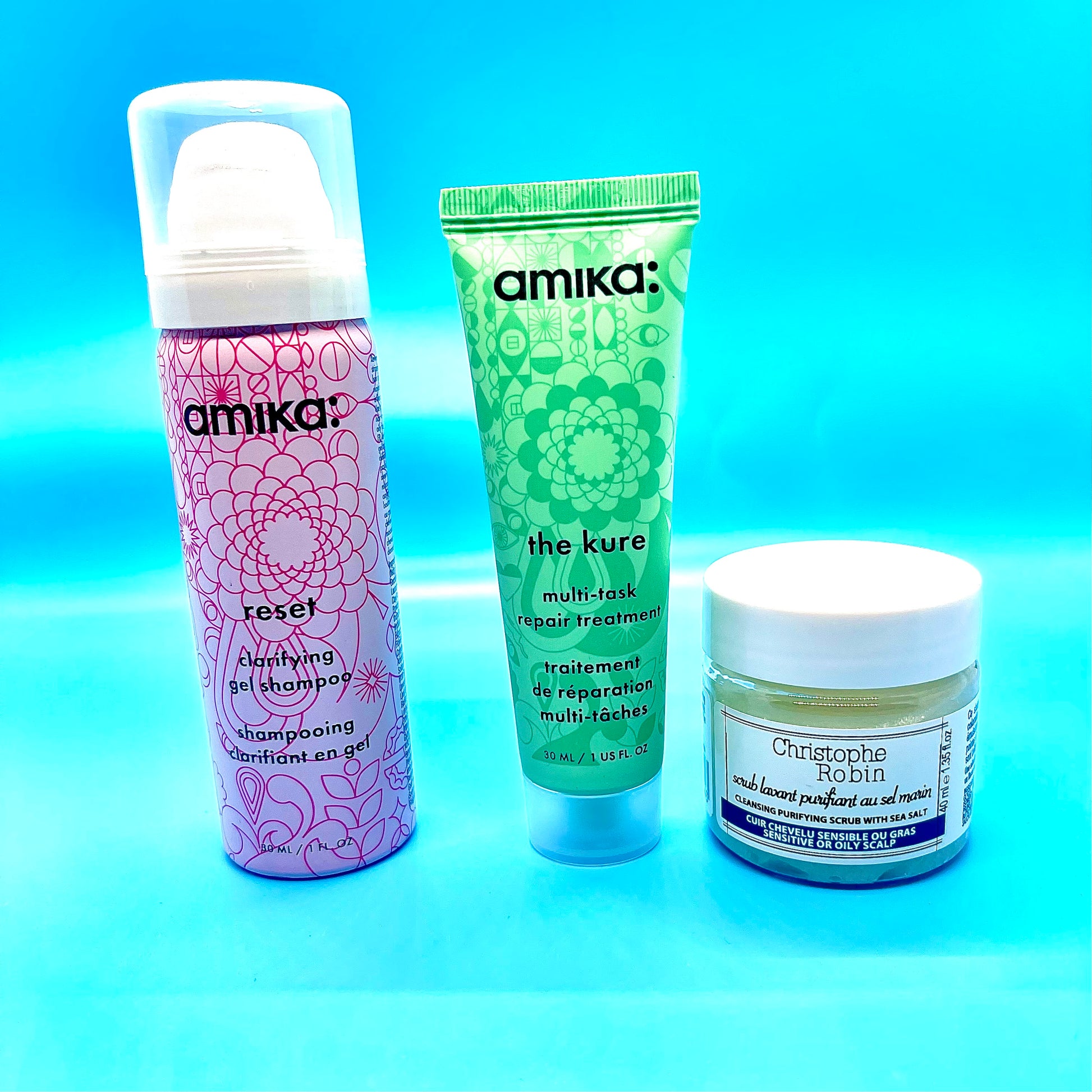 Amika Reset Gel Shampoo Will Attract dirt like a magnet to draw out impurities + remove product buildup, without stripping. Get The Kure Treatment from Amika and get your hair laid without Frizz, Flyaways & Restore healthy hair while repairing split end for all hair types. The Christophe Robin Cleansing Purifying Scrub with Sea Salt will eradicate stubborn build up left behind that shampoo just cant remove