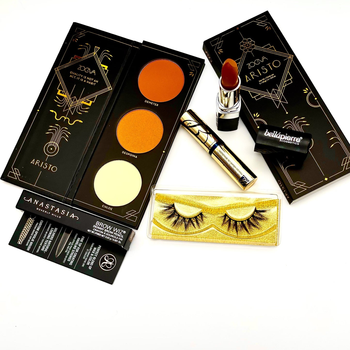 zoeva 5 piece makeup bundle, excellent for gifts & makeup professionals alike. This bundle comes with one estee lauder sumptuous extreme mascara, one Anastasia brow wiz skinny brow pencil, one bellapierre mineral infused matte lipstick in The Color Incognito, 22mm in length 100% vegan wispy all natural eyelash set that can be worn with or without makeup up to 18 times with proper care & Free gifts