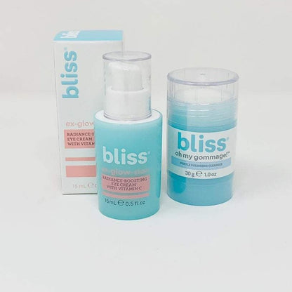 Bliss Power Anti aging Glow Bundle With The Radiance Boosting Eye Cream Infused w/Vitamin C and The Bliss "Oh My Gommage" Gentle Cleansing Stick Full size Complete Bundle Only Available at Facetreasures.Com