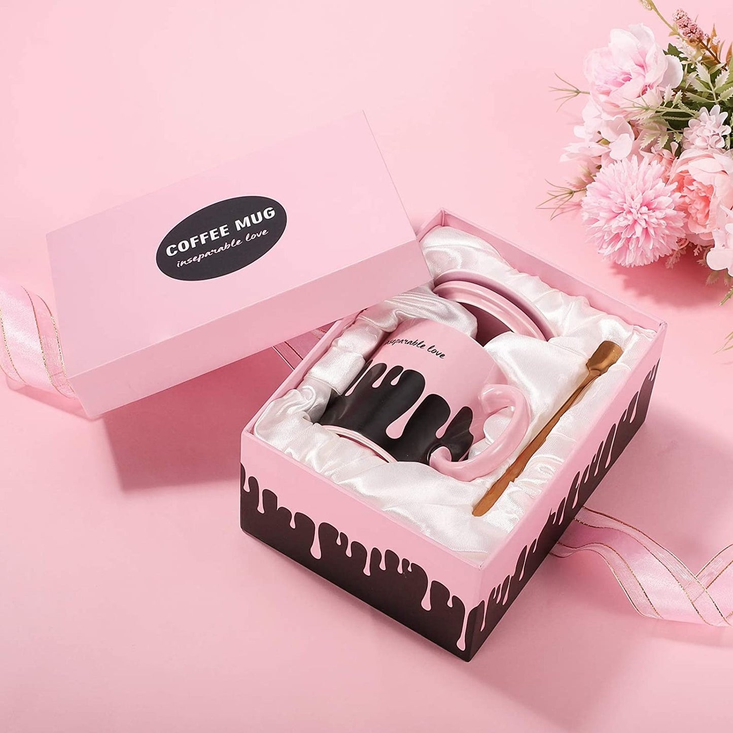 16oz inseparable love pink & black ceramic coffee cup with ceramic lid & gold spoon in a matching pink & black gift box with silk enclosure