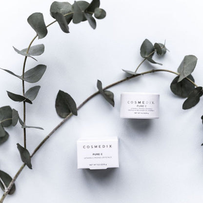 Cosmedix Pure C shown in picture is made for all skin types and is made of L-ascorbic acid, or vitamin C, helps maintain the skin's flexibility and improve elasticity. Pure C helps to neutralize free radicals, reduce the appearance of lines and wrinkles and improve skin texture and tone