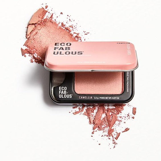 ecofabulous blush in camellia. This product is made entireirly by eco packaging is a full size deluxe product in a metal tin. 2,2 grams in weight available to ship same day of order.