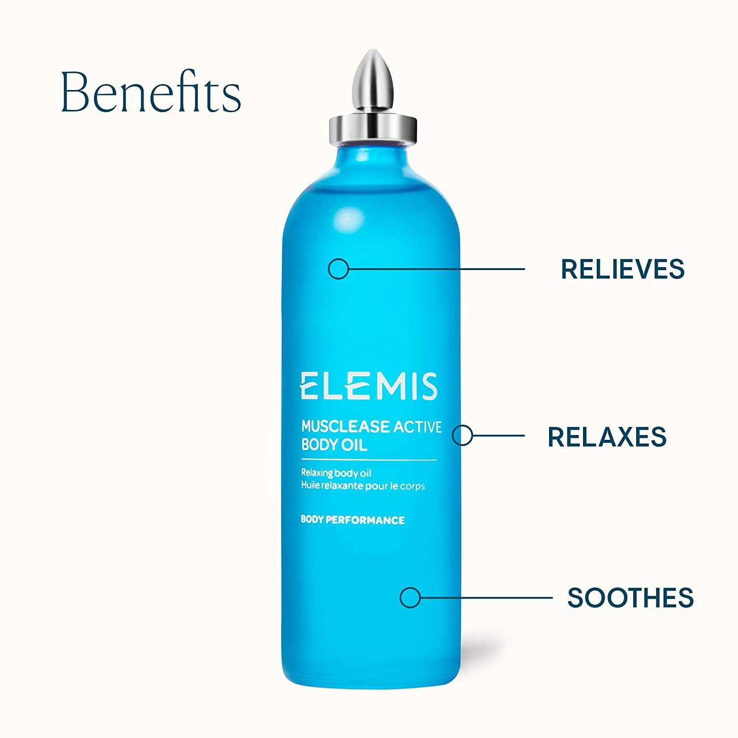 Elemis muscles active body & massage oil with benefits and body treatments shown