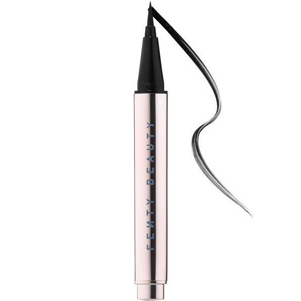 Fenty fly liner liquid eyeliner  in the color "cuz I'm black" satin black color, A hyper-saturated, water-resistant liquid eyeliner with an innovative flex tip and easy-grip triangle shape for effortless no-limit lining that lasts.