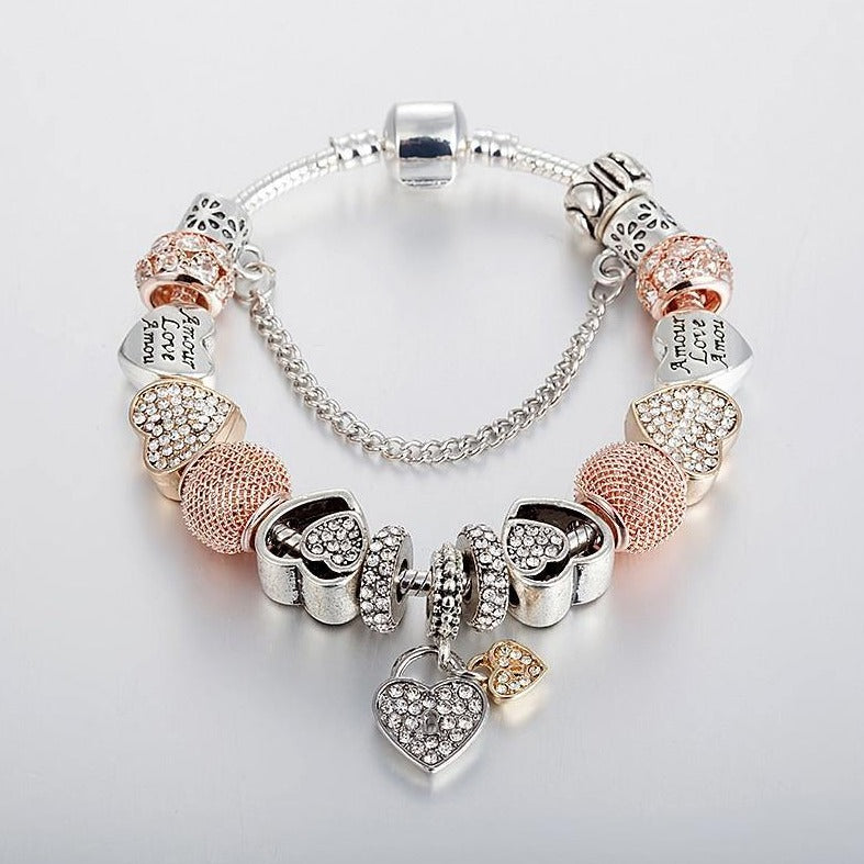 Beautiful Silver Rose Gold With Love Heart Charm Bracelet