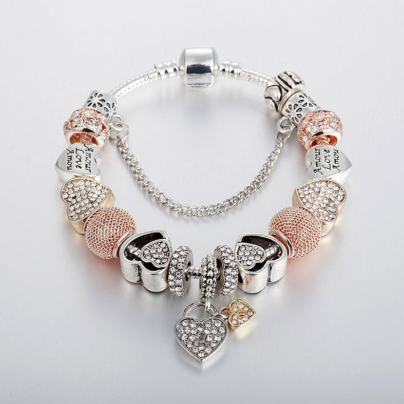 Chili Jewelry Rose Gold Wife Heart Love Charms with Clear Crystal Beads  Compatible With Pandora Charms Bracelets