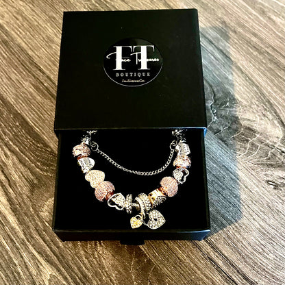 Beautiful Silver & Rose Gold “With Love” Charm Bracelet, Adjustable