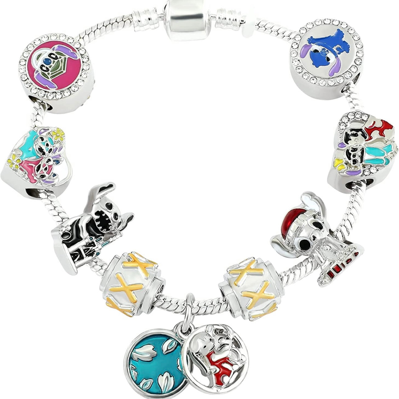 Lilo And Stitch “Party Hardy” 925 Silver Charm Bracelet w/ 9 Sapphire Embellished  Charms