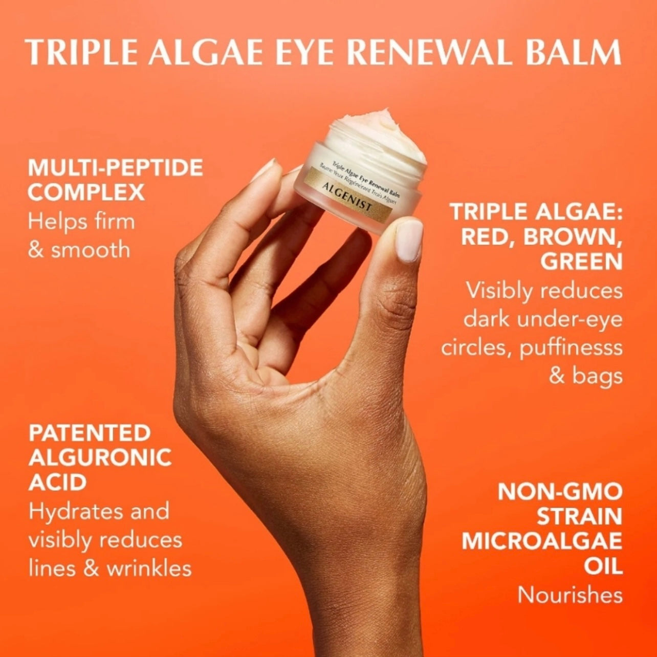 Algenist triple algae eye renewal balm with multi peptide complex and formulated with Alguronic acid in the full size 15ml size. currently sold at Facetreasures Boutique at Facetreasures.com All items ship out the same day you order with a free full size gift
