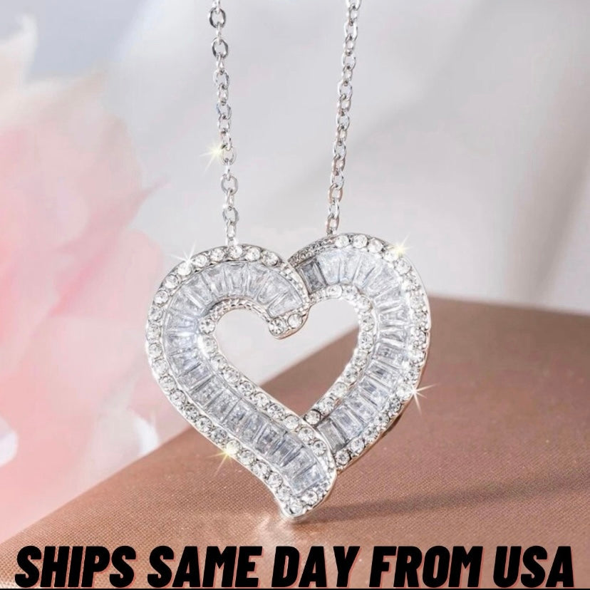 Flawless 14k White Gold Silver Princess Cut Chrystal Sapphire Heart Shaped Pendant 20 In. Necklace, Jewelry Gift For Her, Bridal, Easter